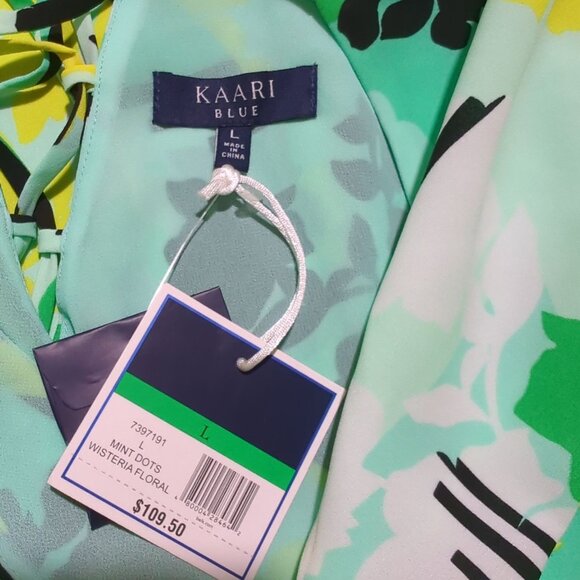 KAARI Blue V-Neck Long keyhole Sleeve yellow green abstract print Dress Size L - Picture 15 of 16